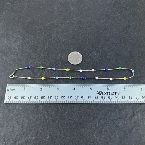 New Sterling Silver 925 Multicolor Synthetic Cat's Eye Beaded Necklace 15.75" - Picture 5 of 5